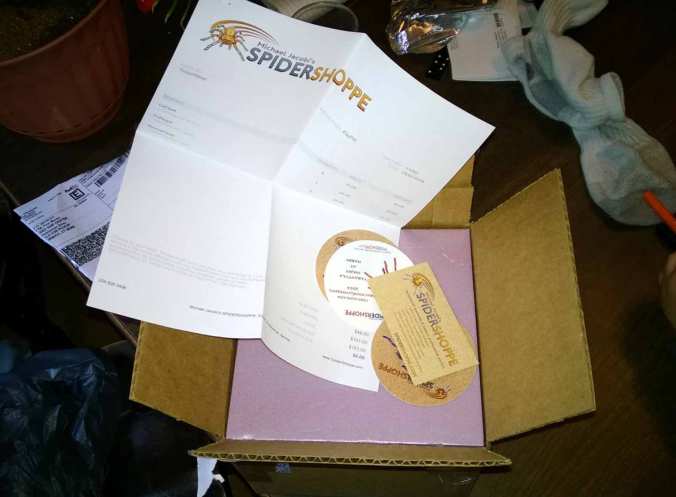 The box opened and showing the receipt, a business card, and some very cool stickers.