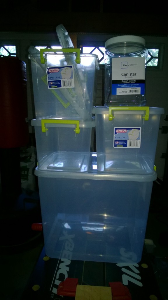 Here are several sizes of storage boxed (as well as a plastic canister that I will modify later). These are wonderful, as they stack quite nicely, saving space.